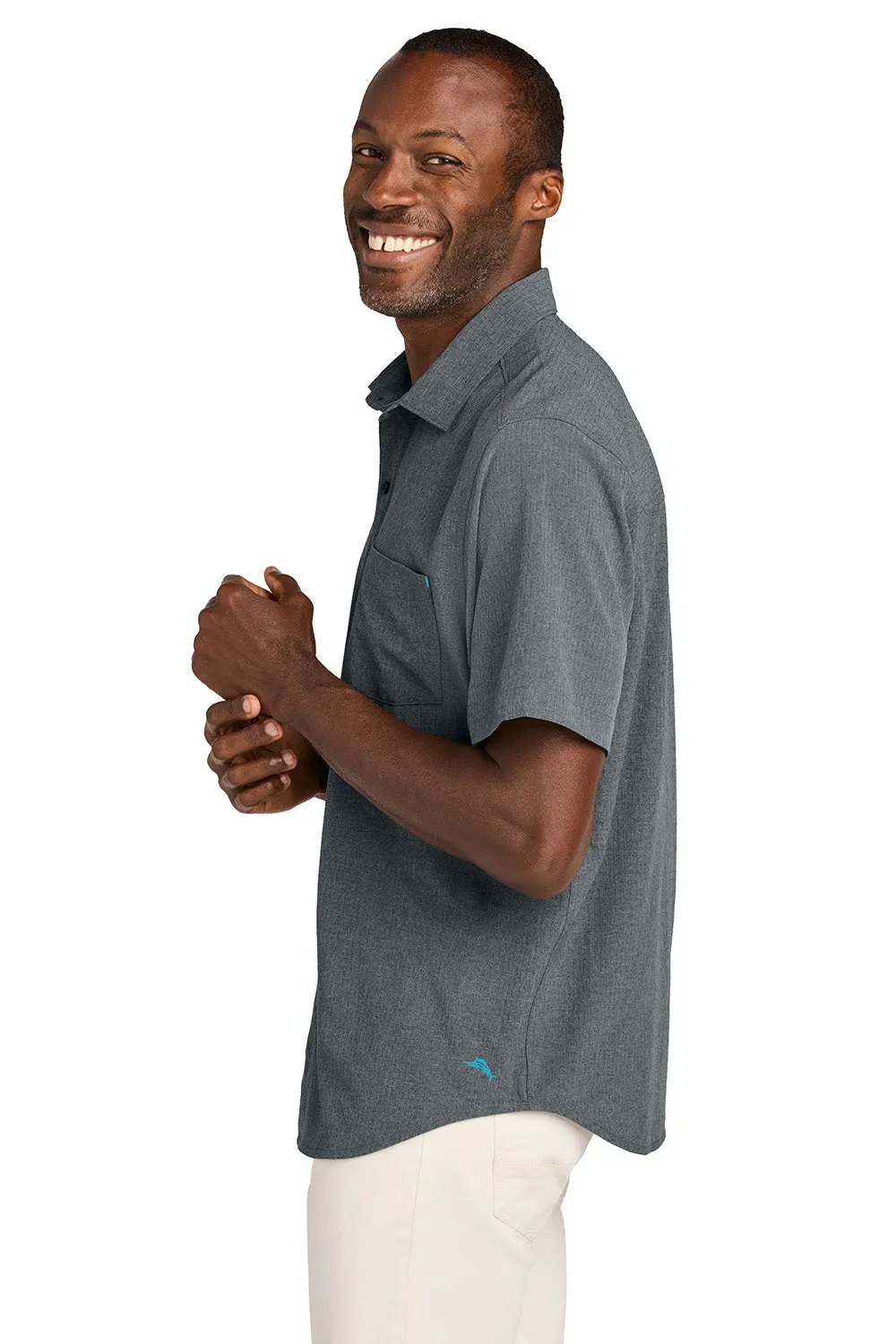 Tommy Bahama Mens Sandy Point Moisture Wicking Short Sleeve Button Down Shirt w/ Pocket - Coal Grey