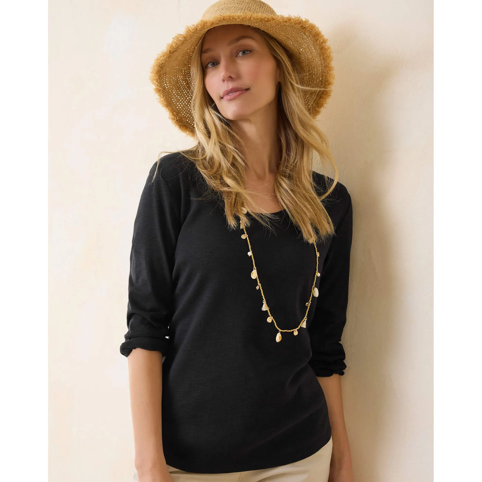 Womens Tommy Bahama Sportswear Tommy Bahama Women's Ashby Isles Rib 3/4 Sleeve Scoop Top - Black